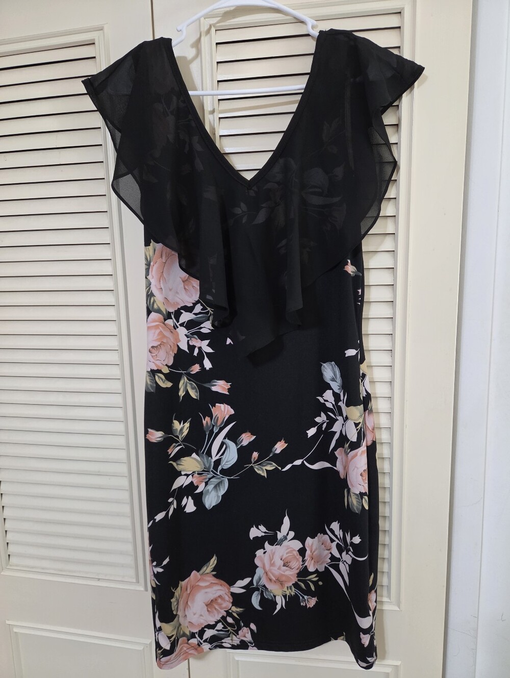 Black Floral Midi Dress with Ruffle V-Neck
